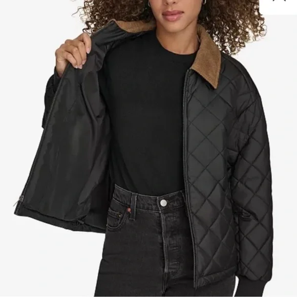 Levi's Black Quilted Bomber Jacket with Brown Corduroy Collar Size Small NWT - Picture 2 of 6
